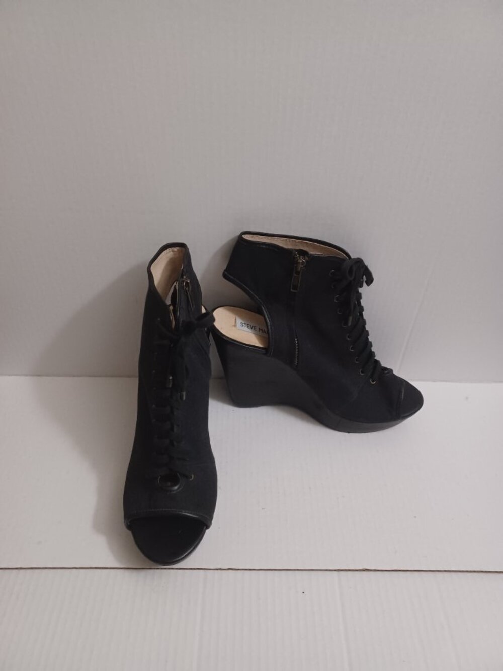 STEVE MADDEN TREPPIDD LACE-UP WEDGE OPEN TO OPEN HEEL BOOTIE SANDALS BLACK 9.5 - Picture 9 of 15